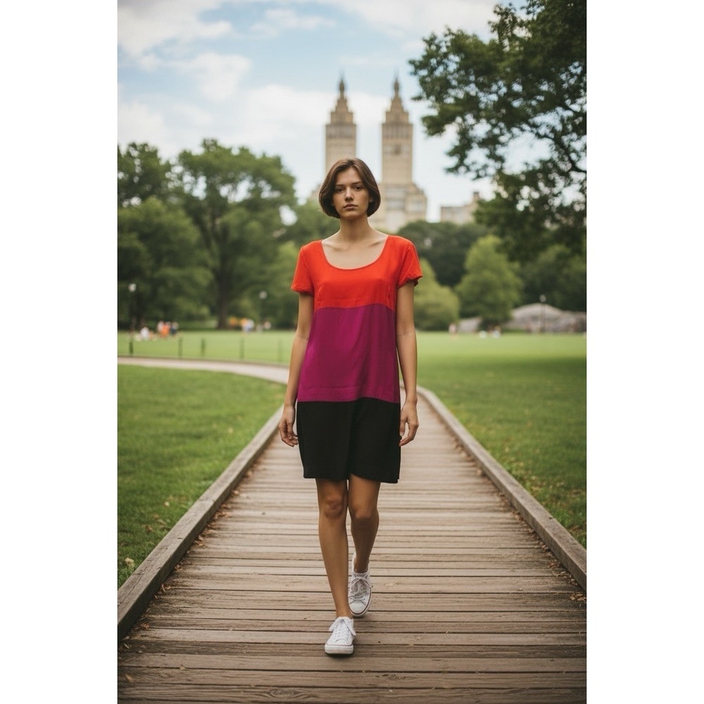 Matty M 100% Silk Red Color Block Garden Dress Lightweight Casual Chic Resort/S